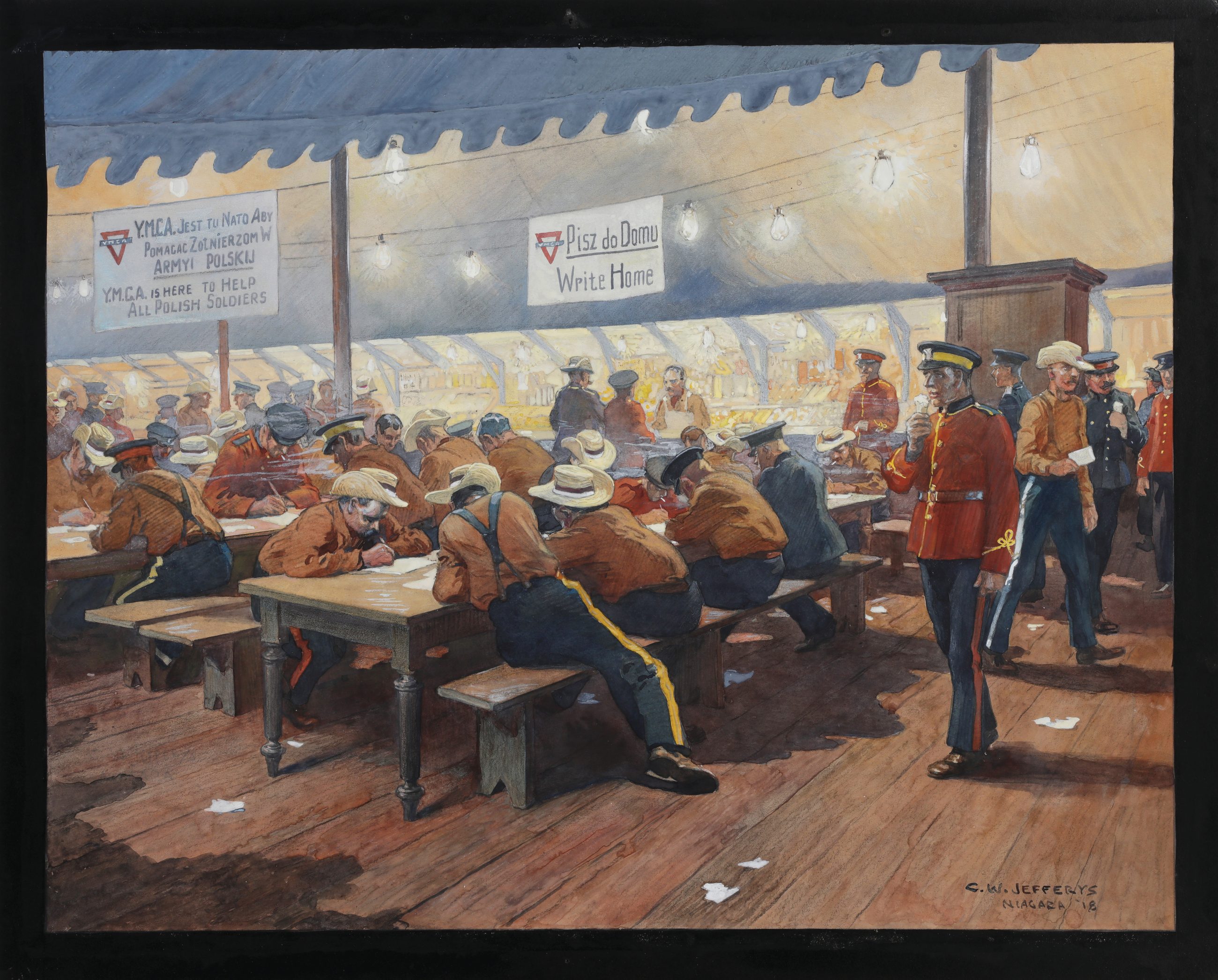 A painting showing Polish soldiers in a YMCA tent at the camp in Niagara-on-the-Lake. There, the soldiers were able to write letters to their families.