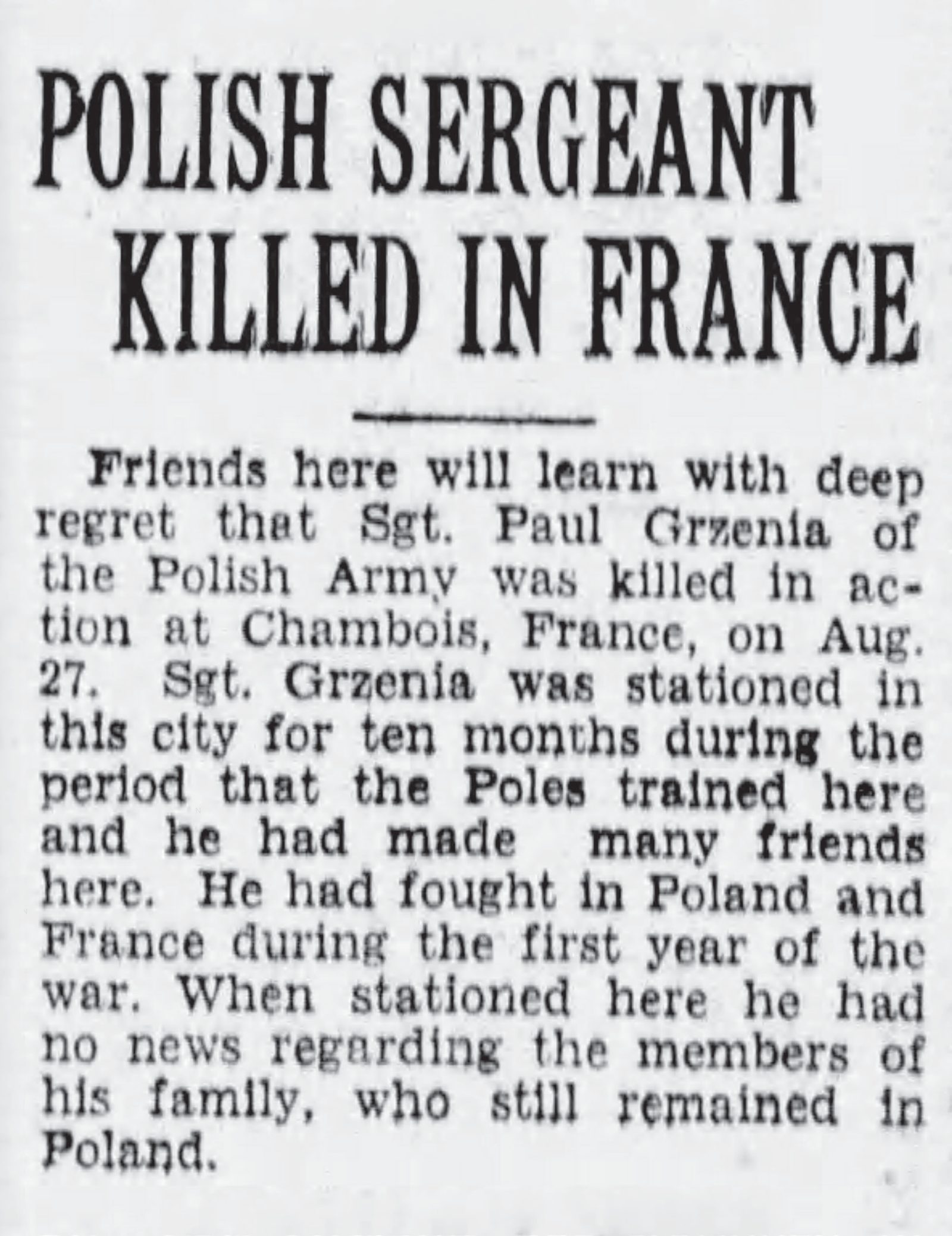 “Polish Sgt. Killed in France.” The Owen Sound Sun Times ran Paweł Grzenia's death notice as it would a local boy's.