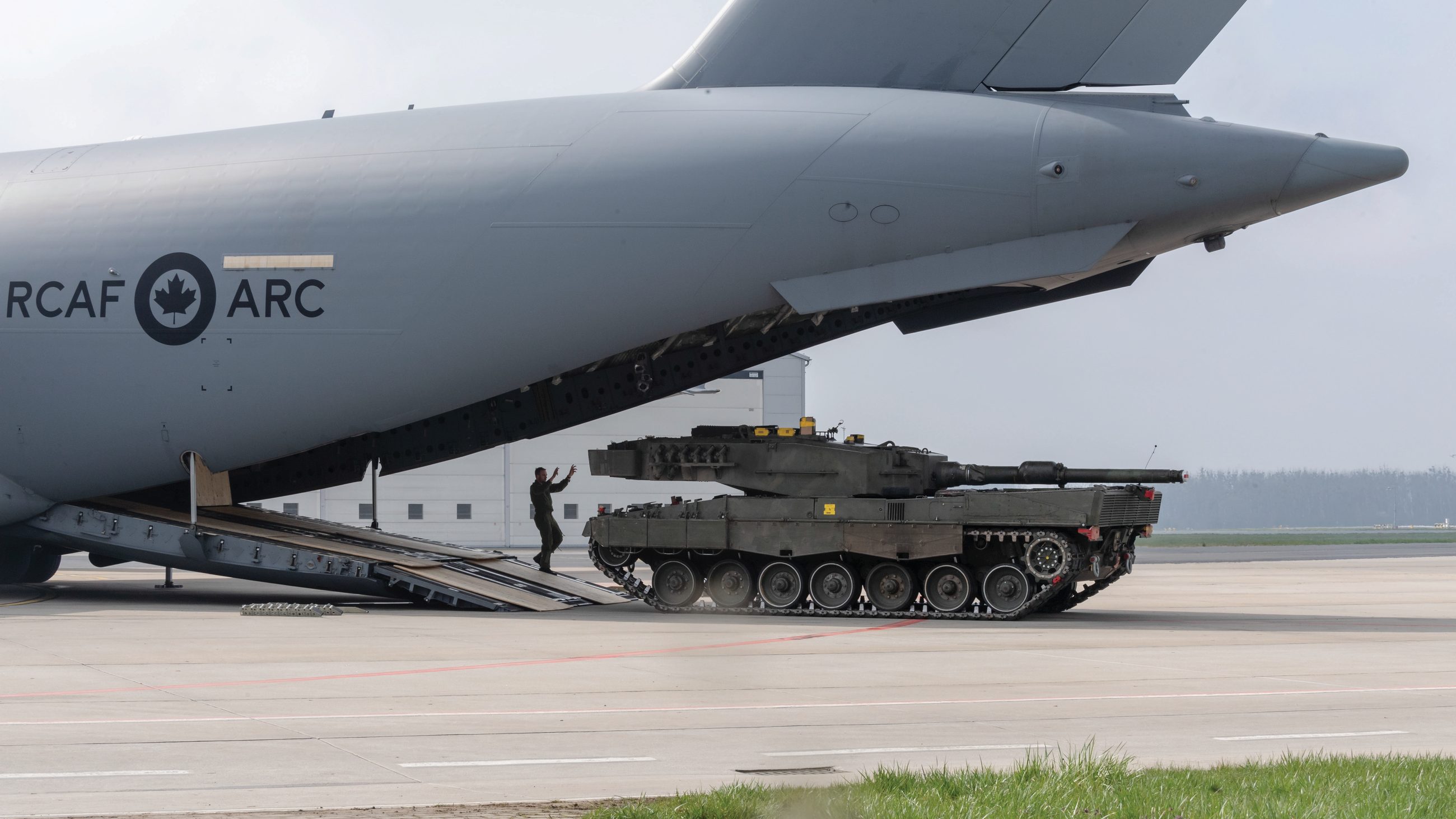 Allied support for Ukraine. A Canadian Globemaster aircraft delivers a Leopard 2 tank to Poland, April 2023. Canada additionally donated $50 million to the Leopard 2 Maintenance and Repair Centre in Poland, which maintains and sustains Leopard 2 tanks donated to Ukraine by Canada and other partners.